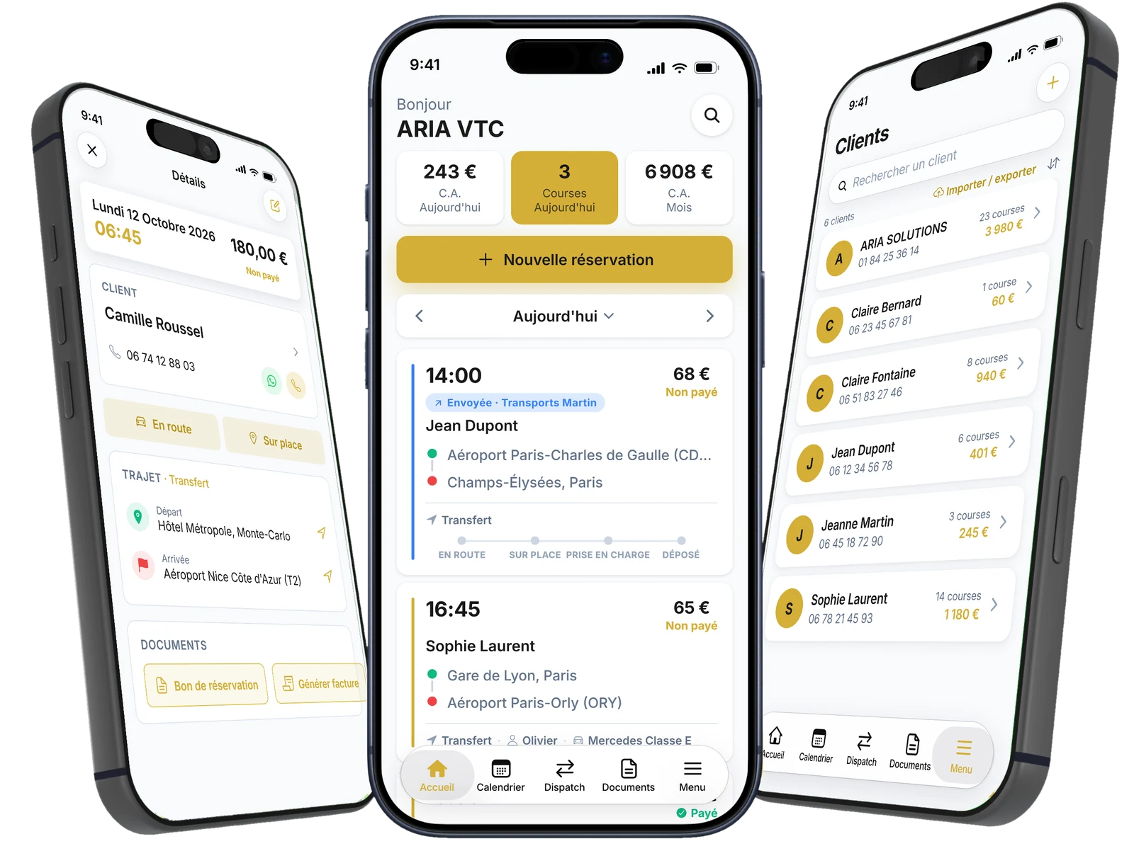 VTC Planner, trois écrans de l'application